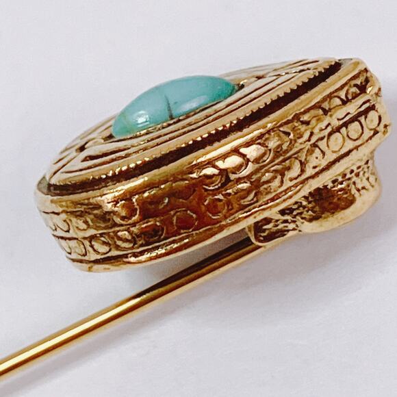 VTG 1970s Gold Tone Stick Pin With Turquoise Glass Cabochon Mid Century Revival - Picture 3 of 10
